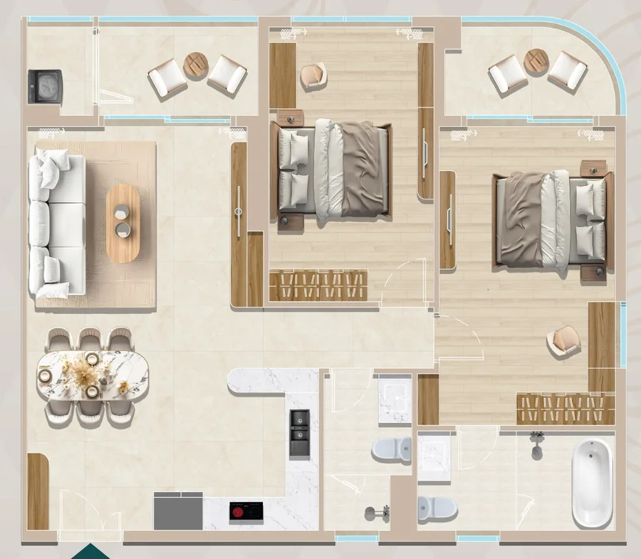 Layout căn hộ 2PN mẫu B10 Diamond Sky hướng Đông Nam view Landmark 81, thông thủy 95,35 m²