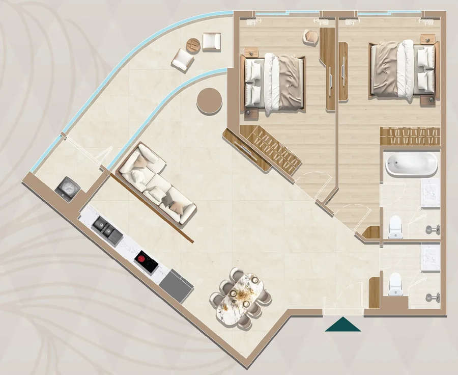 Layout căn hộ 2PN mẫu B7 Diamond Sky hướng Đông Nam view Quốc lộ 13 và sông Sài Gòn, thông thủy 95,99 m²