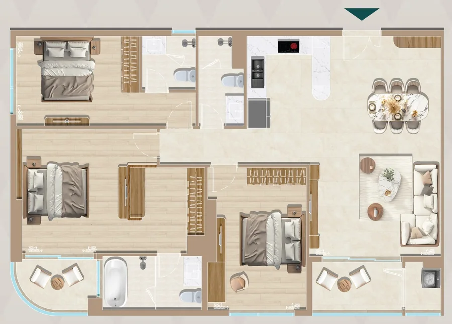 Layout căn hộ 3PN mẫu C1, C2, C3 Diamond Sky: thông thủy 127,11–127,82 m², view hồ Đại Nhật và sông Sài Gòn