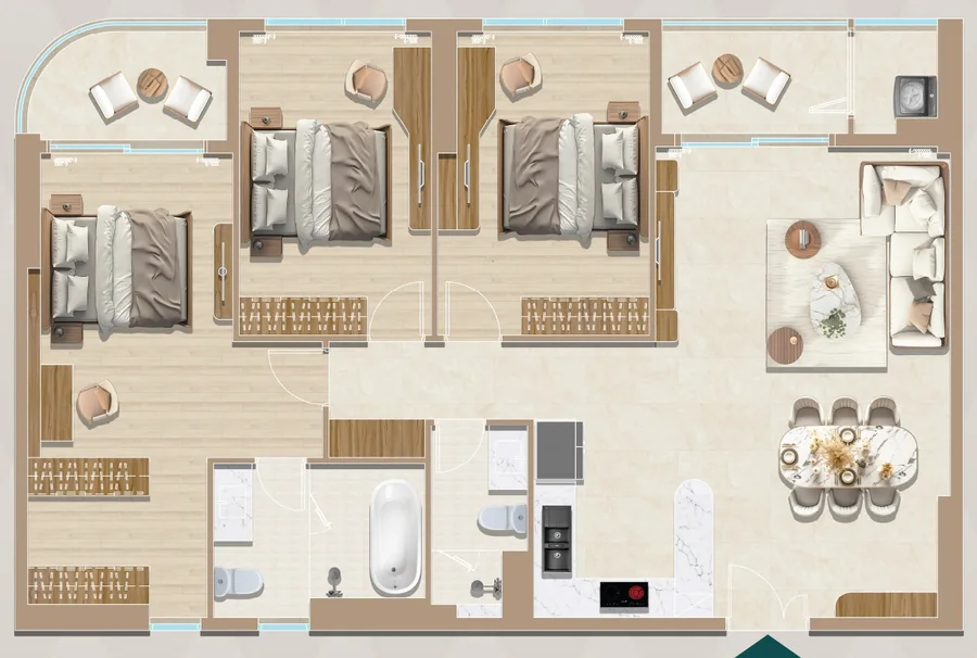 Layout căn hộ 3PN mẫu C3b tầng 5, 6 Diamond Sky hướng Tây Bắc view hồ Đại Nhật, thông thủy 127,82 m²