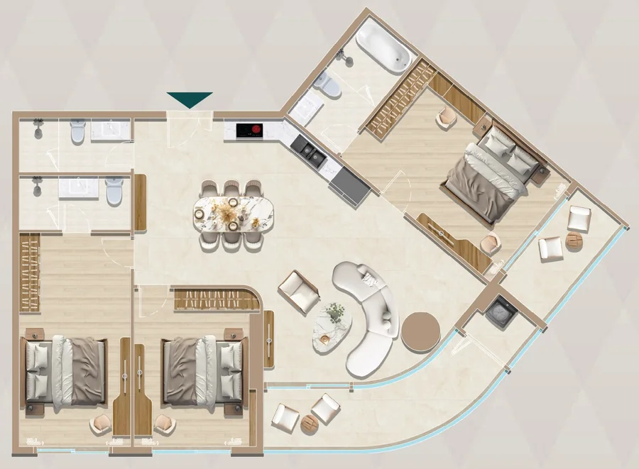 Layout căn hộ 3PN Lake View mẫu C4 Diamond Sky hướng Tây Nam, tim tường 148,36 m², thông thủy 137,42 m²