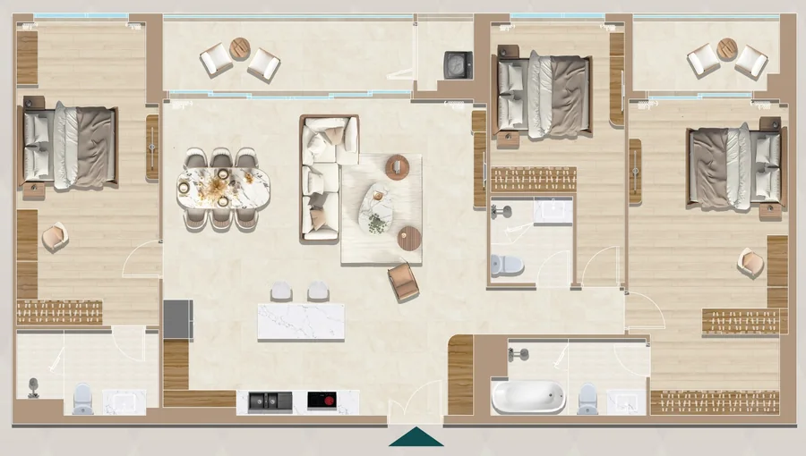Layout căn hộ 3PN City View – Lake View mẫu C5, C6, C7 Diamond Sky: thông thủy 125,44–159,04 m²