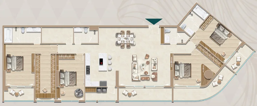 Layout Penthouse 4PN River View mẫu P2 tầng 20 Diamond Sky: tim tường 284,93 m², thông thủy 265,35 m²