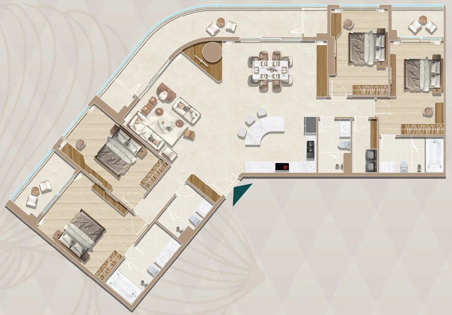 Layout Penthouse 4PN River View mẫu P3 tầng 20 Diamond Sky hướng Đông Bắc, thông thủy 220,77 m²