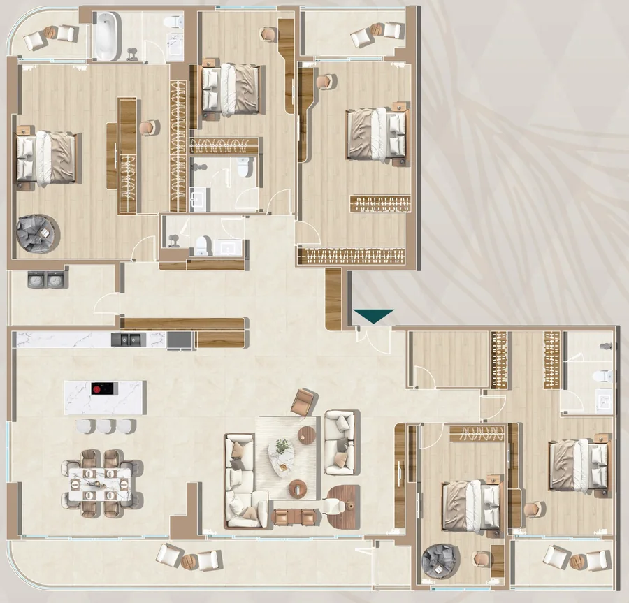 Layout Penthouse 5PN Grand Sky View mẫu P1 tầng 20 Diamond Sky: tim tường 373,98 m², thông thủy 350,55 m²