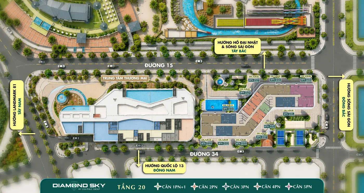 Mặt bằng tầng 20 Diamond Sky: căn 1PN+1, 2PN, 3PN và 4 căn Penthouse 4PN, 5PN hướng hồ Đại Nhật, sông Sài Gòn