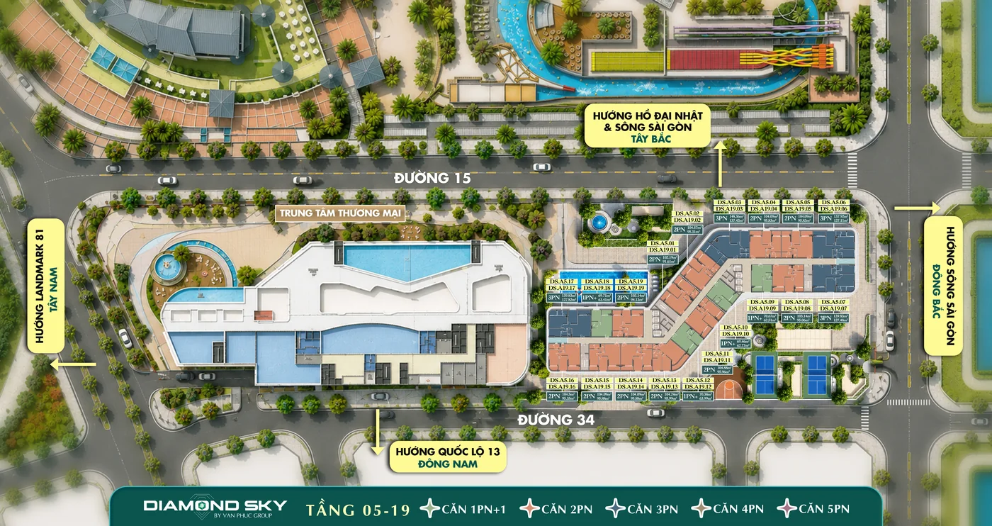 Mặt bằng tầng 5–19 Diamond Sky: 19 căn mỗi tầng, mã căn, diện tích và hướng nhìn hồ Đại Nhật, sông Sài Gòn, Landmark 81
