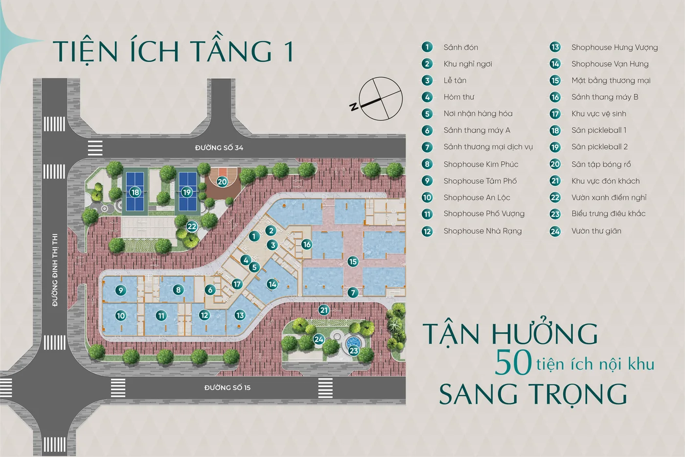 Mặt bằng tiện ích tầng 1 Diamond Sky: sảnh đón, shophouse, sân pickleball, sân bóng rổ, vườn xanh