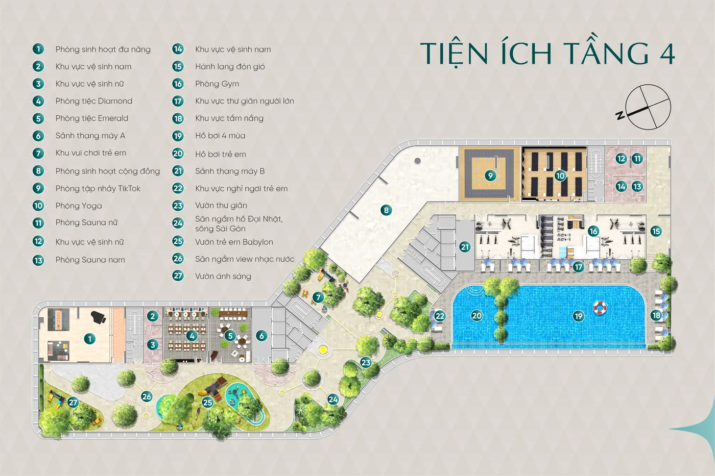Mặt bằng tiện ích tầng 4 Diamond Sky: hồ bơi 4 mùa, hồ bơi trẻ em, gym, yoga, sauna, phòng tiệc, sân ngắm hồ Đại Nhật