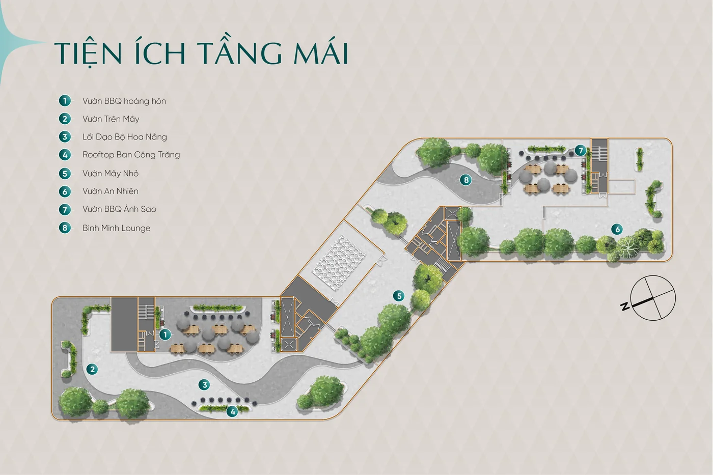 Mặt bằng tiện ích tầng mái Diamond Sky: vườn BBQ hoàng hôn, vườn trên mây, rooftop ban công trăng