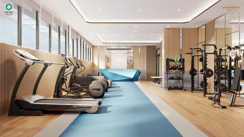 Phòng gym Diamond Sky với máy chạy bộ, khu tạ và vách kính lấy sáng