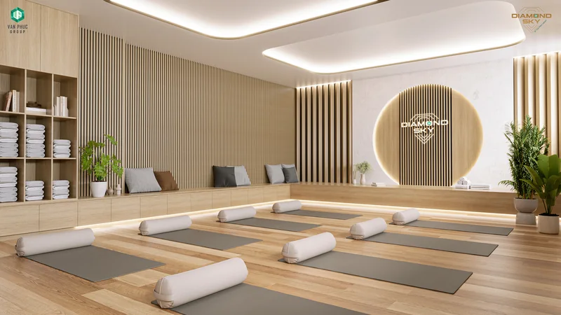 Phòng yoga Diamond Sky tông gỗ ấm, sàn tập và kệ dụng cụ