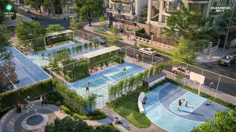 Hai sân pickleball và sân tập bóng rổ ngoài trời tại tầng 1 Diamond Sky