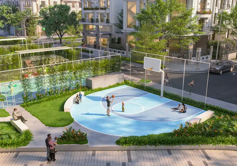 Sân tập bóng rổ Diamond Sky giữa vườn cảnh quan, cạnh khu nhà phố Vạn Phúc City