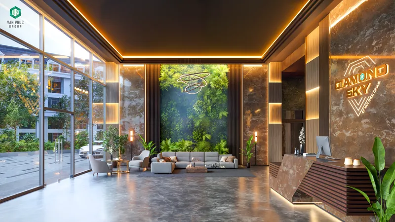 Sảnh đón và lễ tân Diamond Sky với vách đá, tường cây xanh và logo kim cương