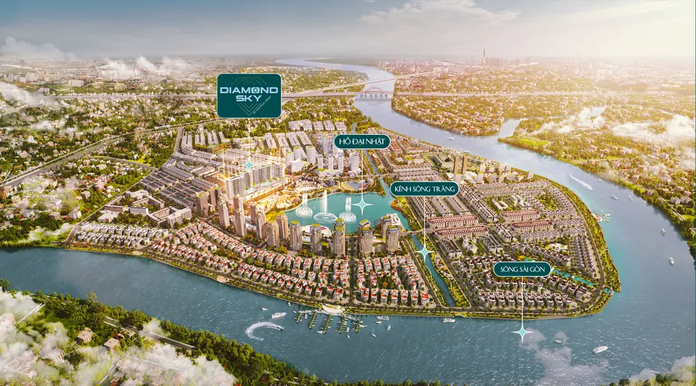 Toàn cảnh Vạn Phúc City nhìn từ trên cao: Diamond Sky hướng hồ Đại Nhật, kênh Sông Trăng và sông Sài Gòn