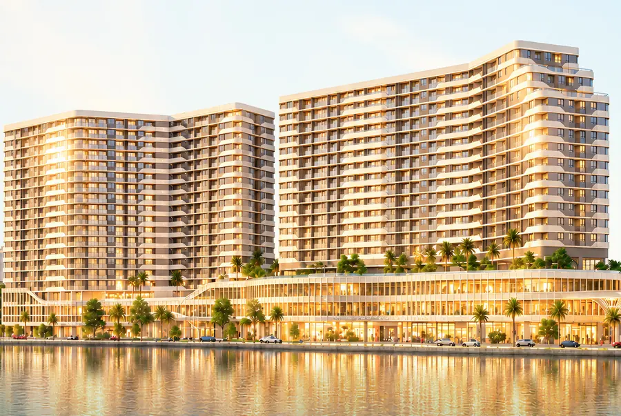 Phối cảnh tòa căn hộ Diamond Sky 20 tầng bên mặt nước khu đô thị Vạn Phúc City lúc hoàng hôn