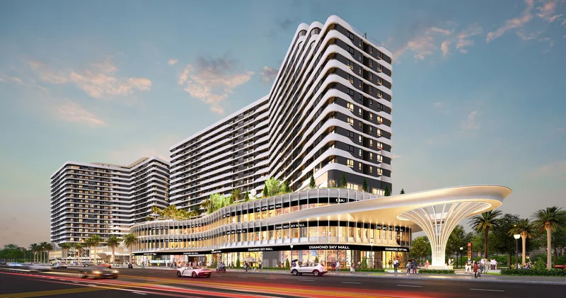 Trung tâm thương mại khối đế Diamond Sky lúc lên đèn, mặt tiền đường Đinh Thị Thi