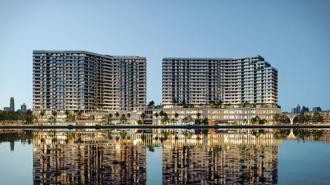 Diamond Sky về đêm phản chiếu trên mặt nước khu đô thị Vạn Phúc City
