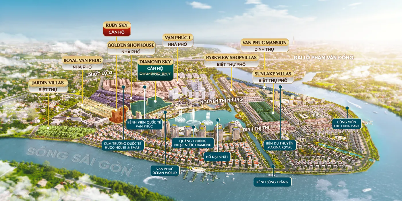 Vị trí Diamond Sky trong khu đô thị Vạn Phúc City: cạnh hồ Đại Nhật, quảng trường nhạc nước, sông Sài Gòn