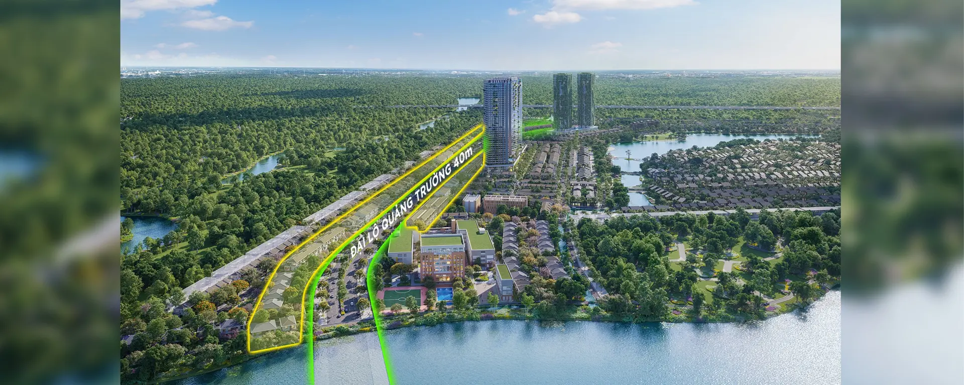 Phối cảnh trên cao Đại lộ Quảng trường 40m Rừng Phượng khoanh tuyến, chạy giữa nhà phố ven sông tới cụm tháp cao tầng