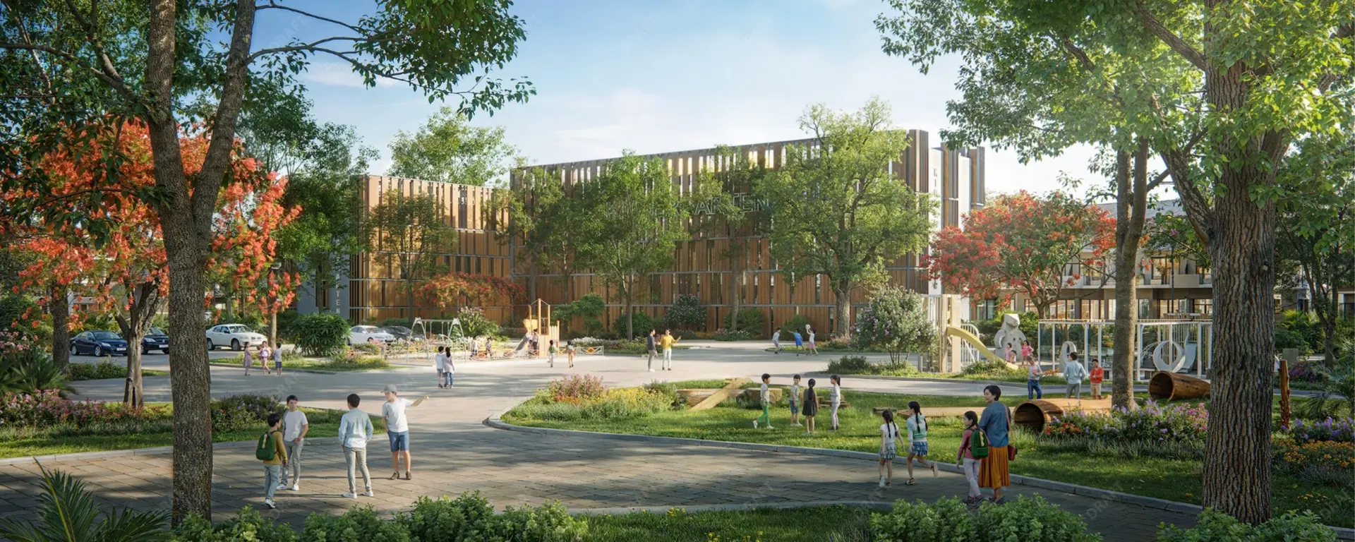 Trường mầm non nội khu Rừng Phượng 7.000m² giữa cây xanh, trẻ nhỏ vui chơi ngoài sân