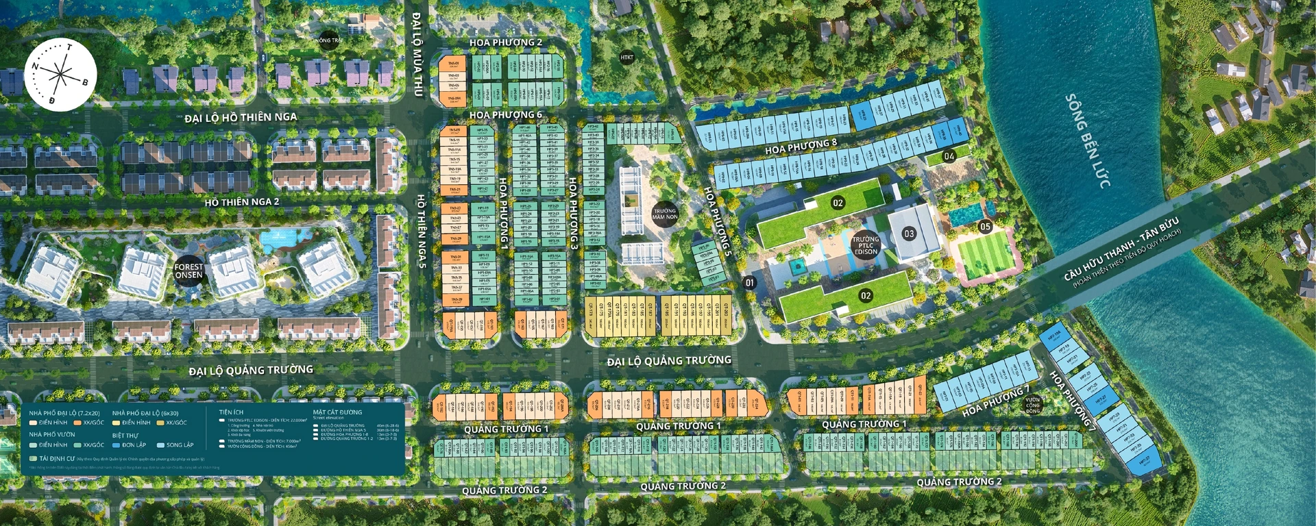 Mặt bằng tổng thể tiểu khu Rừng Phượng - các dãy Hoa Phượng, trường Edison, mầm non và sông Bến Lức