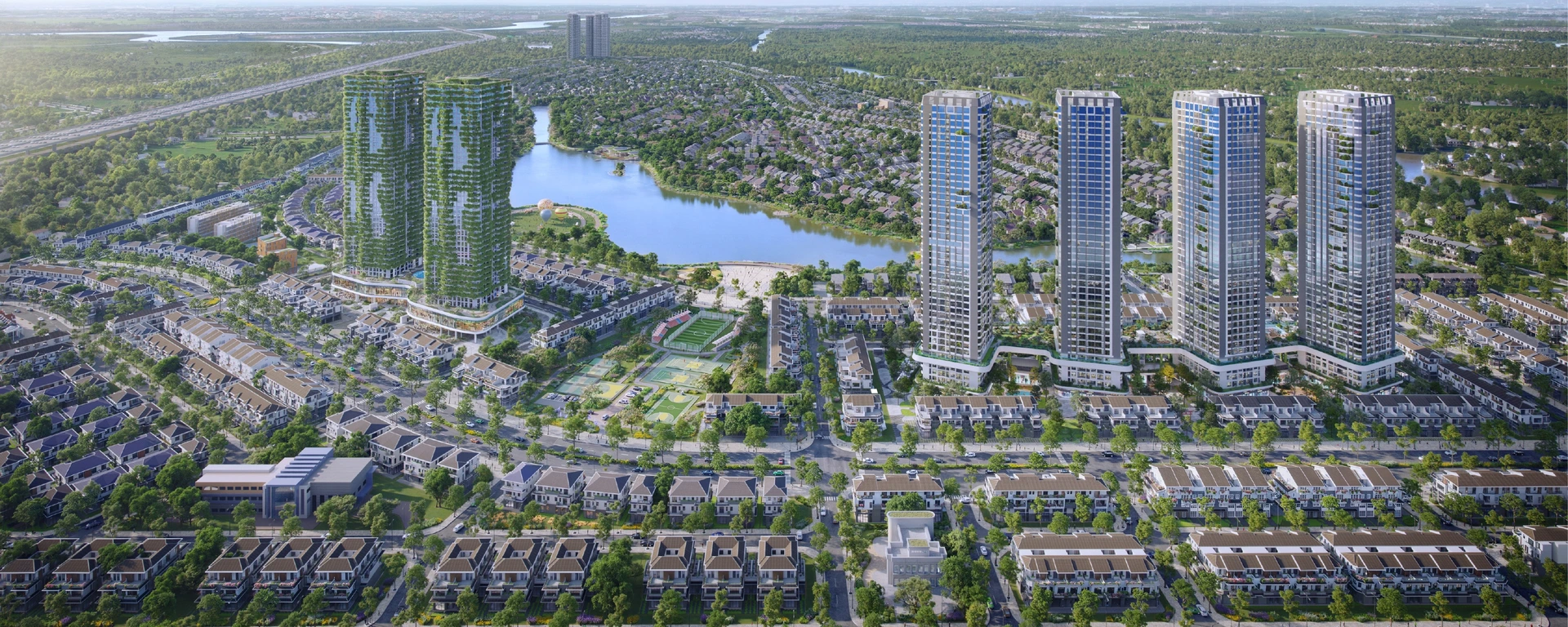 Phối cảnh tổng thể đại đô thị Eco Retreat nhìn từ trên cao với hồ trung tâm