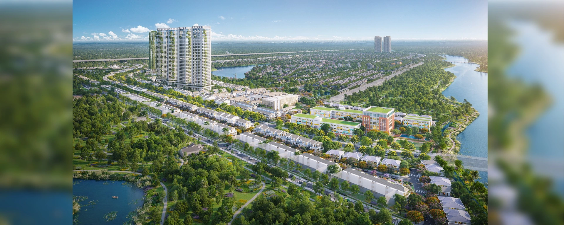 Phối cảnh tiểu khu Rừng Phượng ven sông với biệt thự, tháp cao và cụm trường học