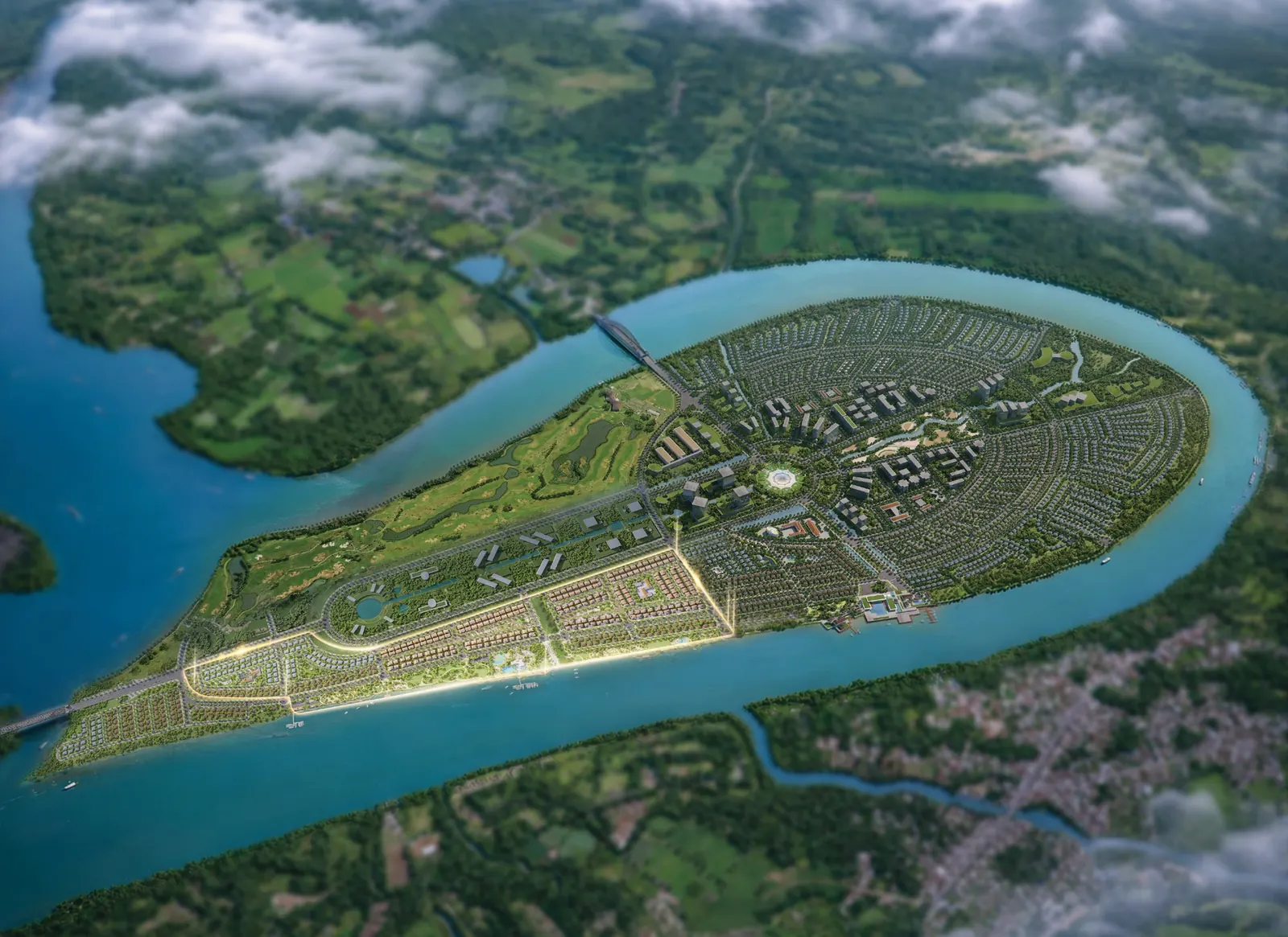Phối cảnh tổng thể đảo Đại Phước bao quanh bởi sông, vị trí Elyse Island
