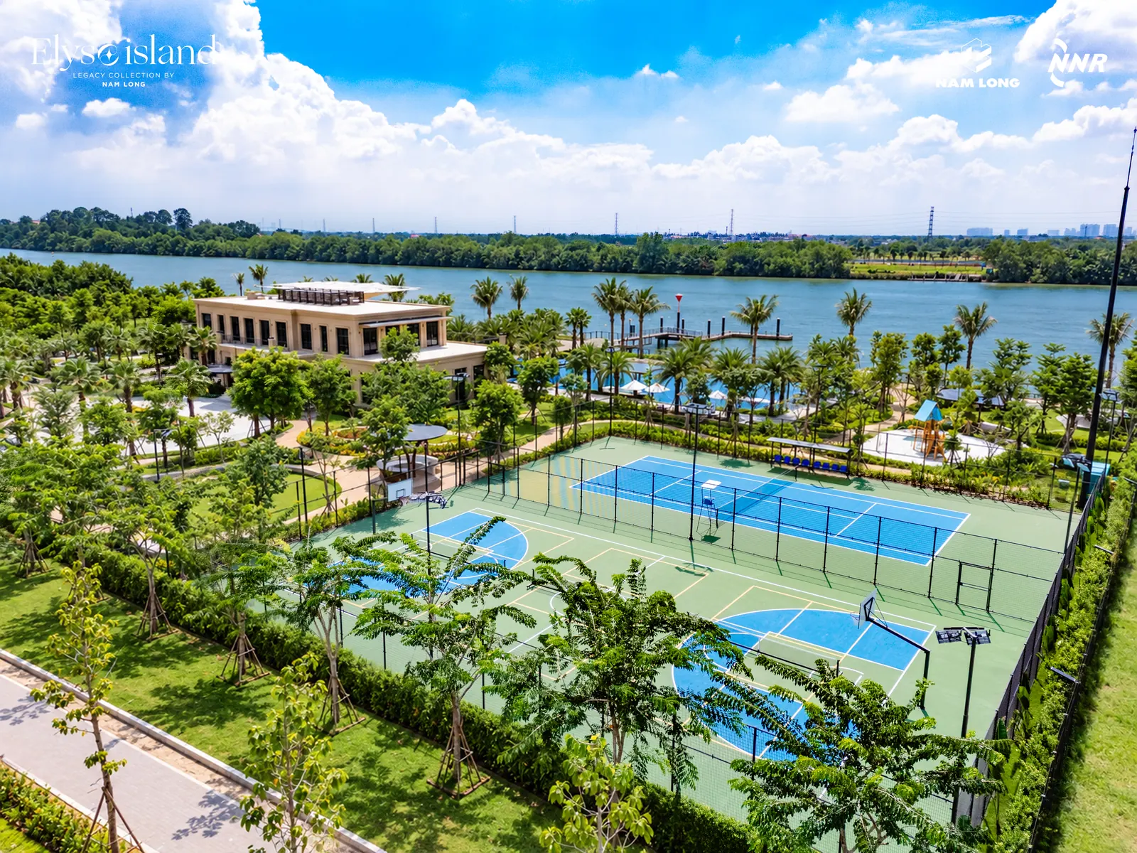 Sân thể thao Elyse Island trong cảnh quan ven sông