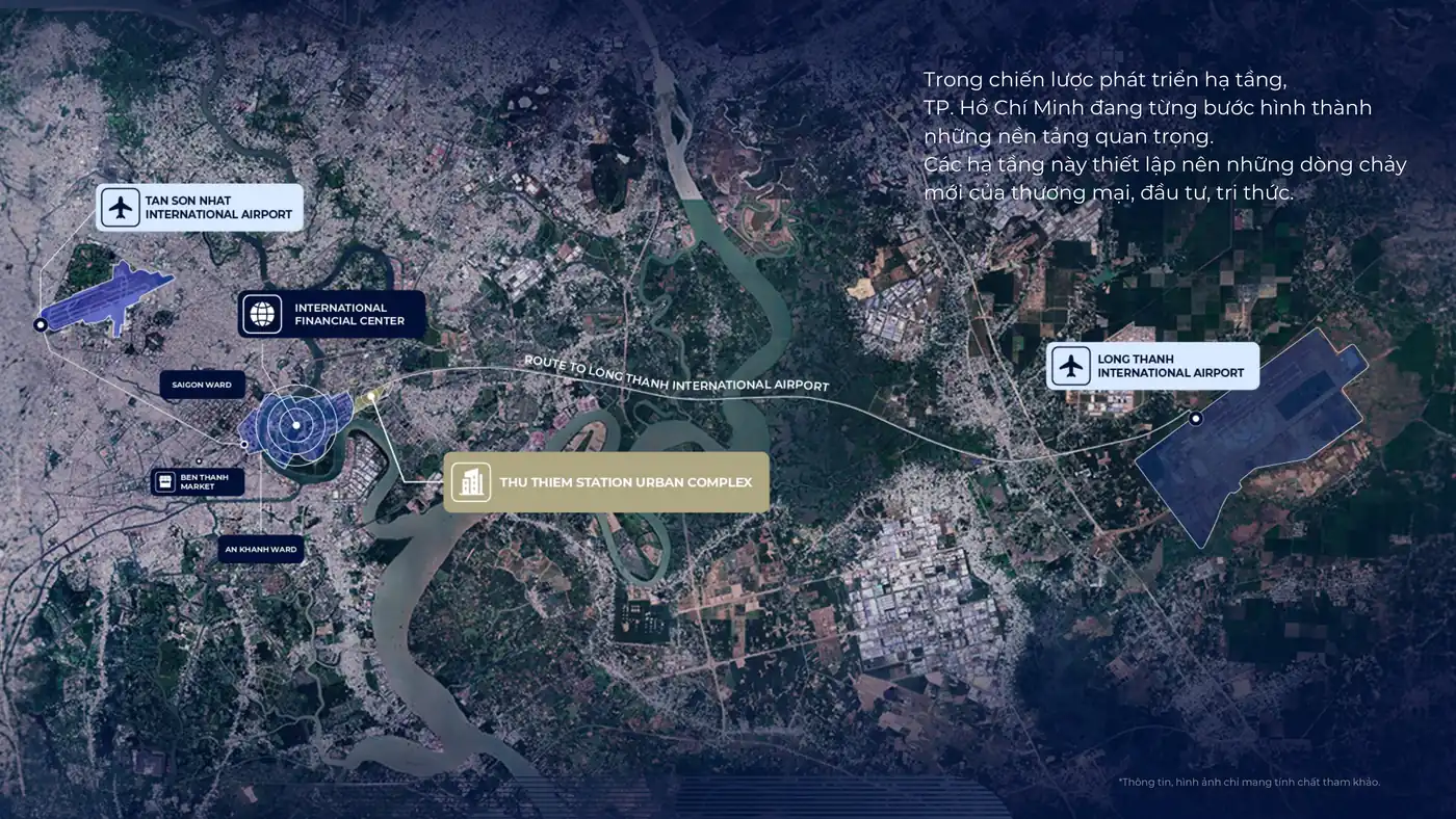 Bản đồ hạ tầng TP.HCM: sân bay Tân Sơn Nhất, Trung tâm Tài chính Quốc tế, Ga Thủ Thiêm và sân bay Long Thành