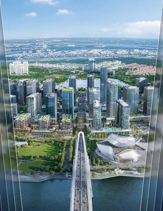 Thủ Thiêm nhìn từ trên cầu qua sông Sài Gòn, hình ảnh trong tài liệu dự án của SonKim Land