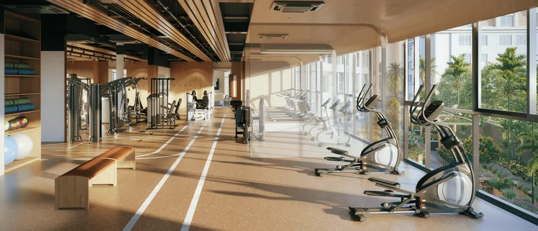 Phòng tập thể hình Hi Club tầng 2 Gem Park, vách kính nhìn ra nội khu