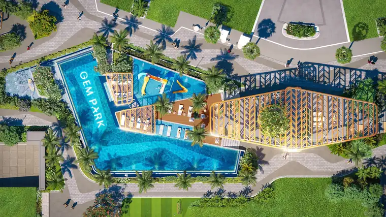 Hi Pavilion nhìn từ trên cao: khối kim cương mái kính giữa hồ bơi và sân chơi nước Gem Park