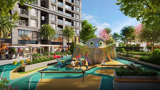 Cầu trượt trong Hi Playground chú cú giữa vườn hoa nội khu Gem Park