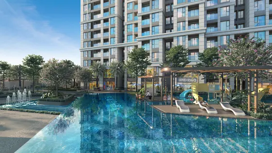 Bar chìm, ghế lười và giàn che ven hồ bơi nội khu Gem Park