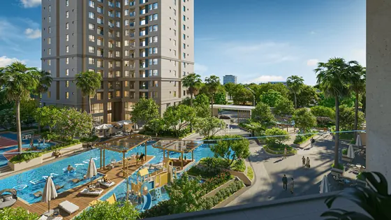 Hồ bơi điện phân muối 500 m² Gem Park đặt thấp hơn mặt đất 1 m dưới hàng dừa