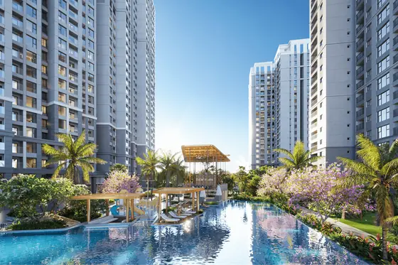 Hồ bơi chuẩn resort Gem Park với hàng dừa, ghế tắm nắng và tháp căn hộ