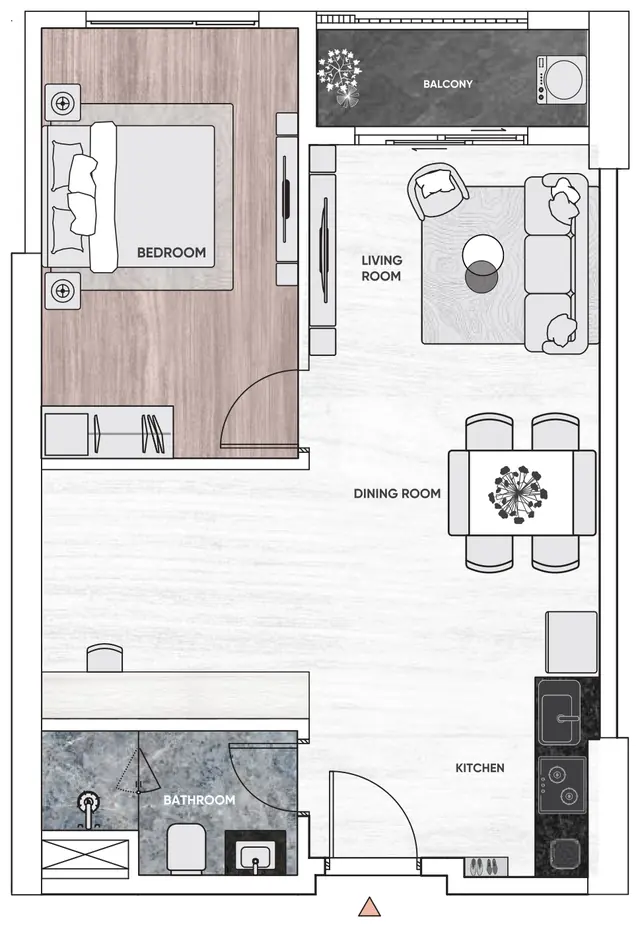 Layout căn hộ 1 phòng ngủ mẫu A2a – A2b Gem Park, diện tích tim tường 53,52 m²