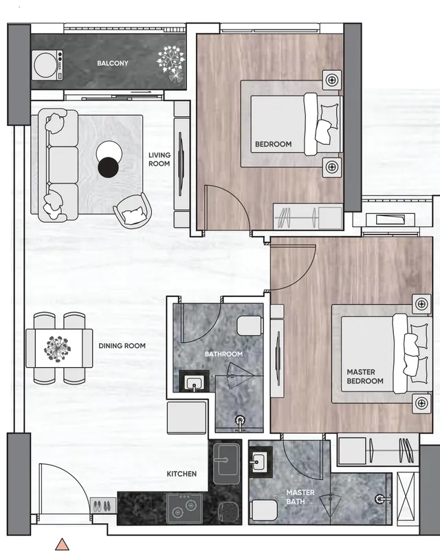 Layout căn hộ 2 phòng ngủ mẫu B1a – B1h Gem Park, tim tường 61,88 – 62,60 m²