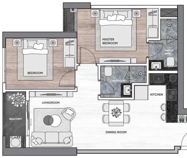 Layout căn hộ 2 phòng ngủ mẫu B1j Gem Park, diện tích tim tường 64,32 m²