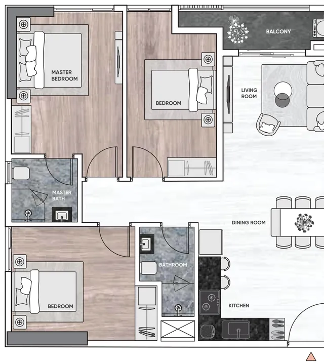Layout căn hộ 3 phòng ngủ mẫu C1a – C1d Gem Park, diện tích tim tường 80,19 m²