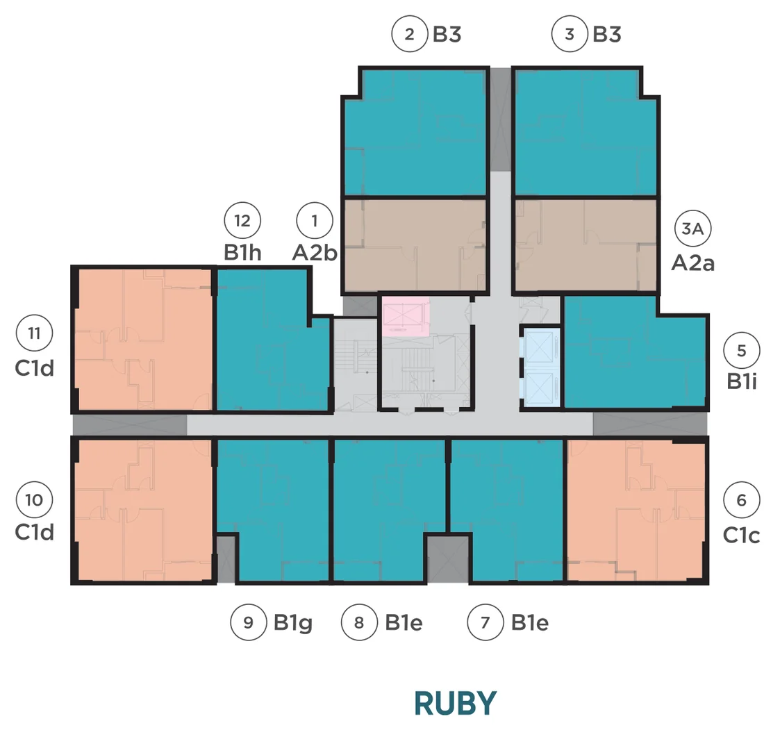Mặt bằng tầng điển hình tháp Ruby Gem Park: 12 căn mỗi tầng, mã căn 1PN, 2PN, 3PN