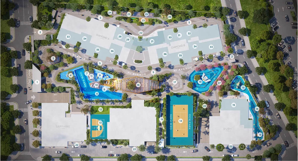 Mặt bằng tiện ích Gem Park tầng trệt: hồ bơi điện phân muối, Hi Pavilion, sân tennis, Hi Avenue, số 1–36