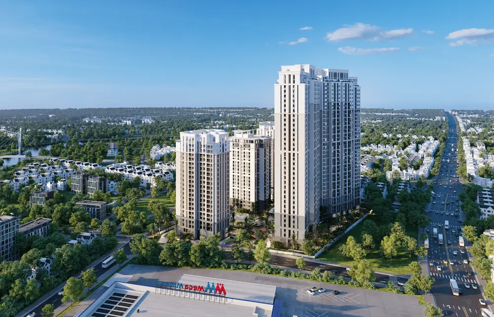 Phối cảnh Gem Park từ trên cao: 4 tòa tháp giữa Khu đô thị mới 2A, cạnh sông Rế và Mega Market Hồng Bàng