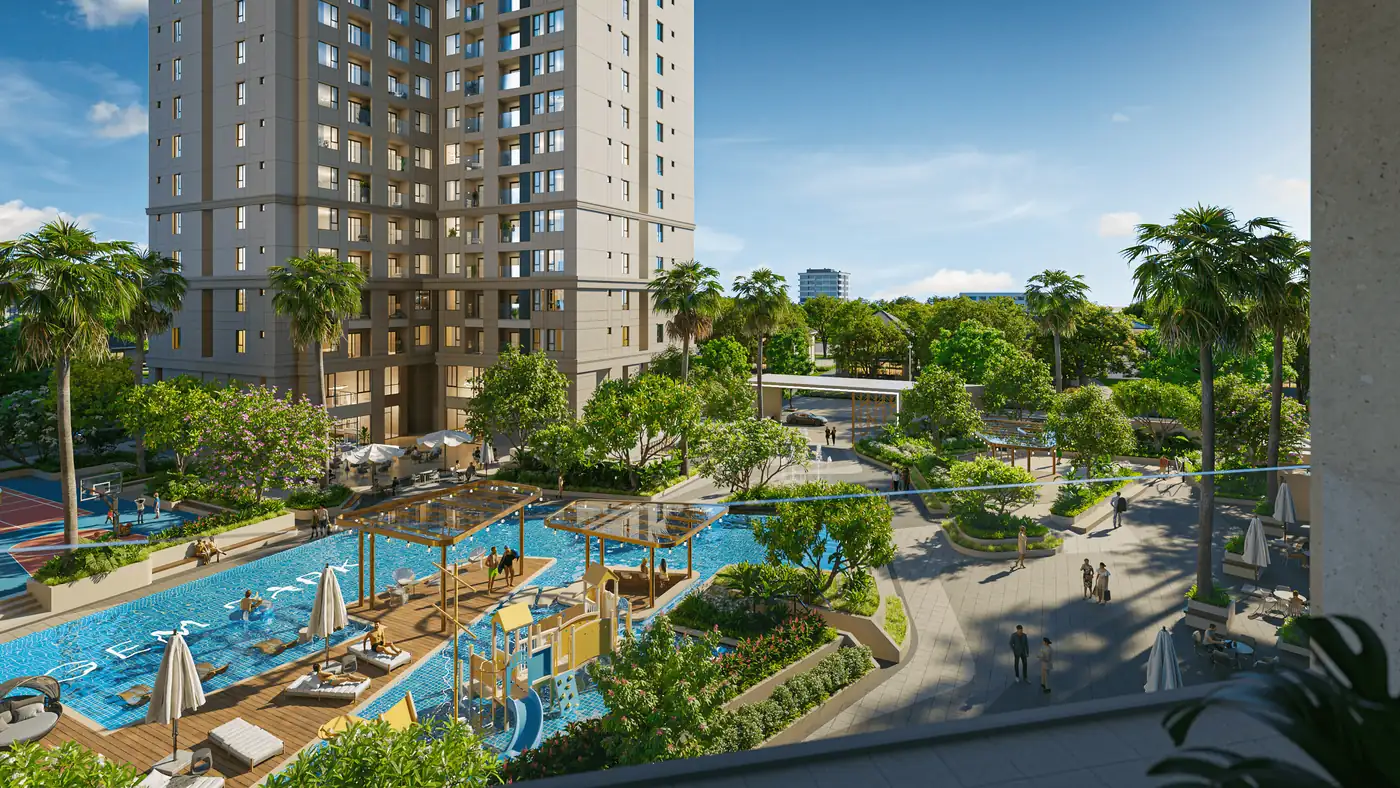 Phối cảnh nội khu Gem Park: thung lũng xanh, hồ bơi và lối dạo giữa các tòa tháp tân cổ điển