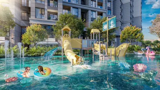 Sân chơi nước và hồ bơi trẻ em cạnh hồ bơi người lớn Gem Park