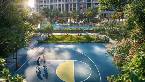 Sân đa năng giữa vườn cây nội khu Gem Park, trẻ em chơi bóng rổ