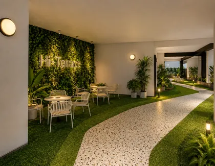 Góc ngồi cạnh tường cây xanh ở vườn trên mây tầng 20 Gem Park